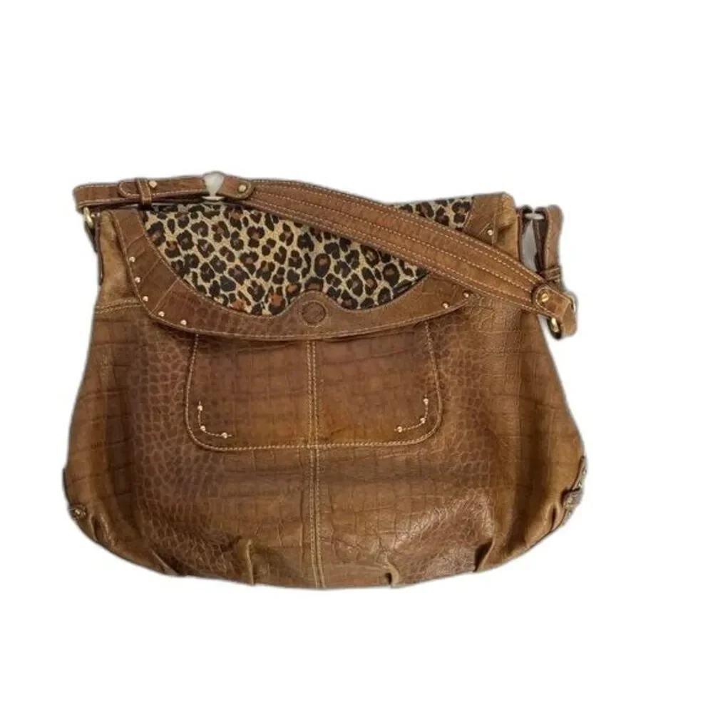 MAXX New York Women's Croc / Leather Jaguar Lining Adj Shoulder Bag Brown GC